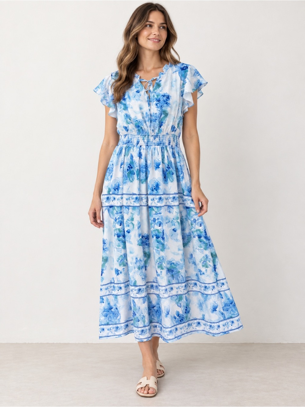 Grace Karin Blue Floral Smocked Maxi Dress Size M NWT